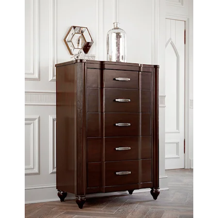 Transitional 5 Drawer Chest with Bowed Front